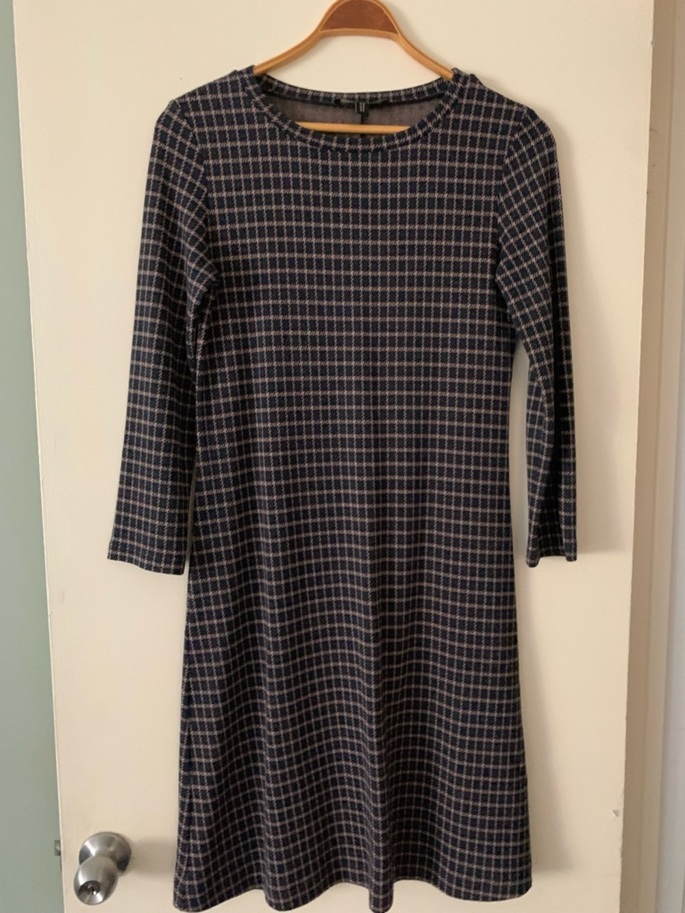 MaxMara Navy and Tan Plaid Long-Sleeve A-Line Dress